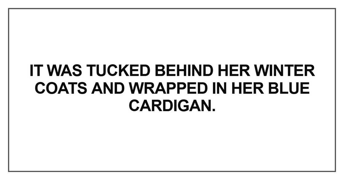 It was tucked behind her winter coats It was tucked behind her winter coats