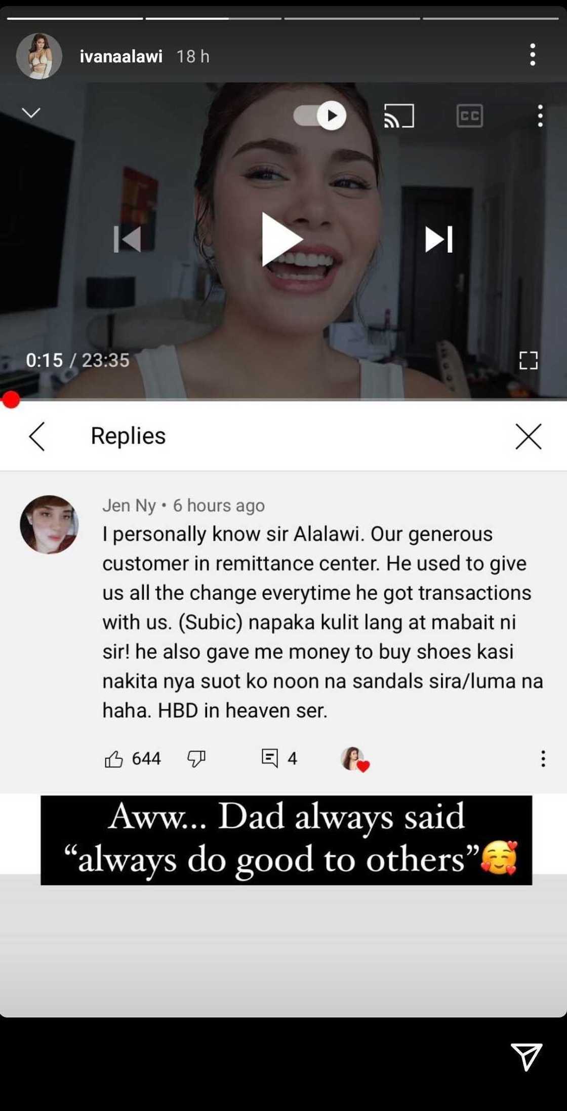 Ivana Alawi moved by netizen's comment recounting her dad's generosity Ivana Alawi moved by netizen's comment recounting her dad's generosity