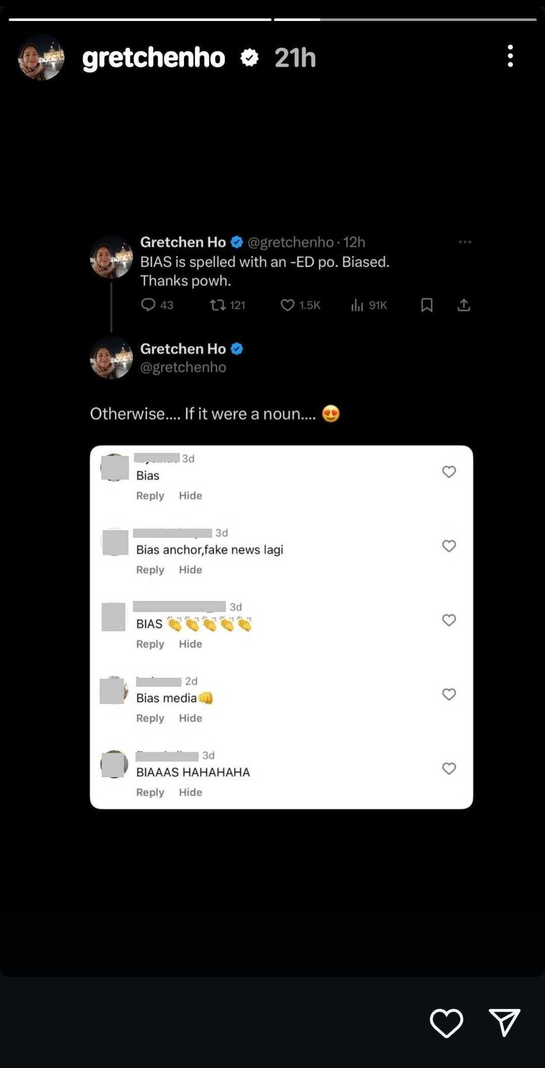 Gretchen Ho, sinagot ang "bias" comments sa kanya ng bashers Gretchen Ho, sinagot ang "bias" comments sa kanya ng bashers