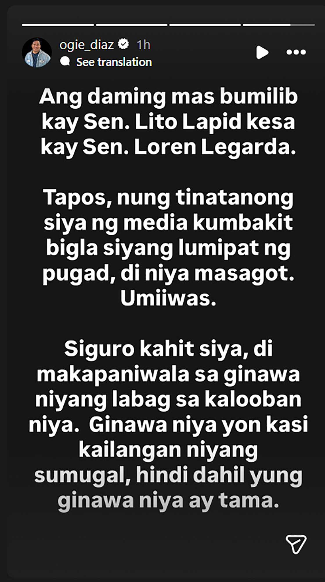 Ogie Diaz, may matapang na post ukol sa “paglipat ng pugad” ng isang senador