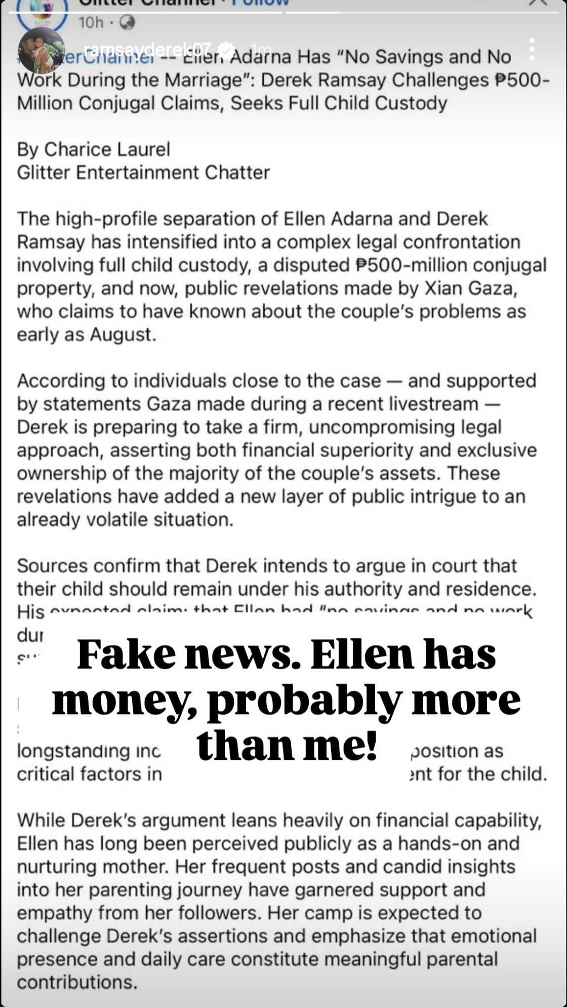 Derek Ramsay responds to fake news claiming Ellen Adarna has 'no savings' during their marriage Derek Ramsay responds to fake news claiming Ellen Adarna has 'no savings' during their marriage