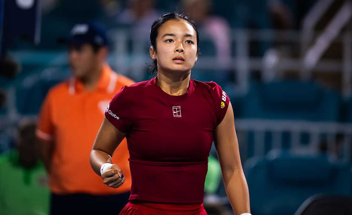 MIAMI GARDENS, FLORIDA - MARCH 27: Alexandra Eala of the Philippines reacts while playing against Jessica Pegula of the United States (Photo by Robert Prange/Getty Images)