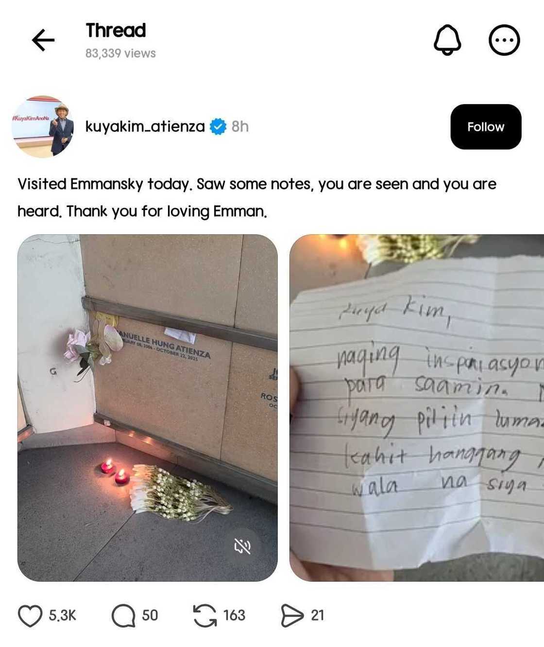 'Kuya' Kim Atienza, may nadiskubre sa puntod ng anak na si Emman: "Thank you" 'Kuya' Kim Atienza, may nadiskubre sa puntod ng anak na si Emman: "Thank you"