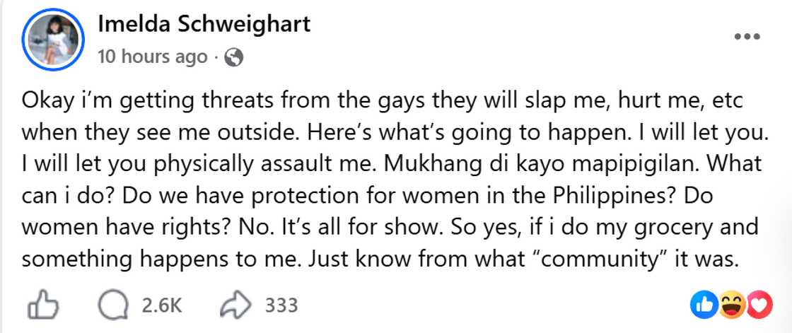 Imelda Schweighart, nakatanggap umano ng threats: "Just know from what “community” it was"