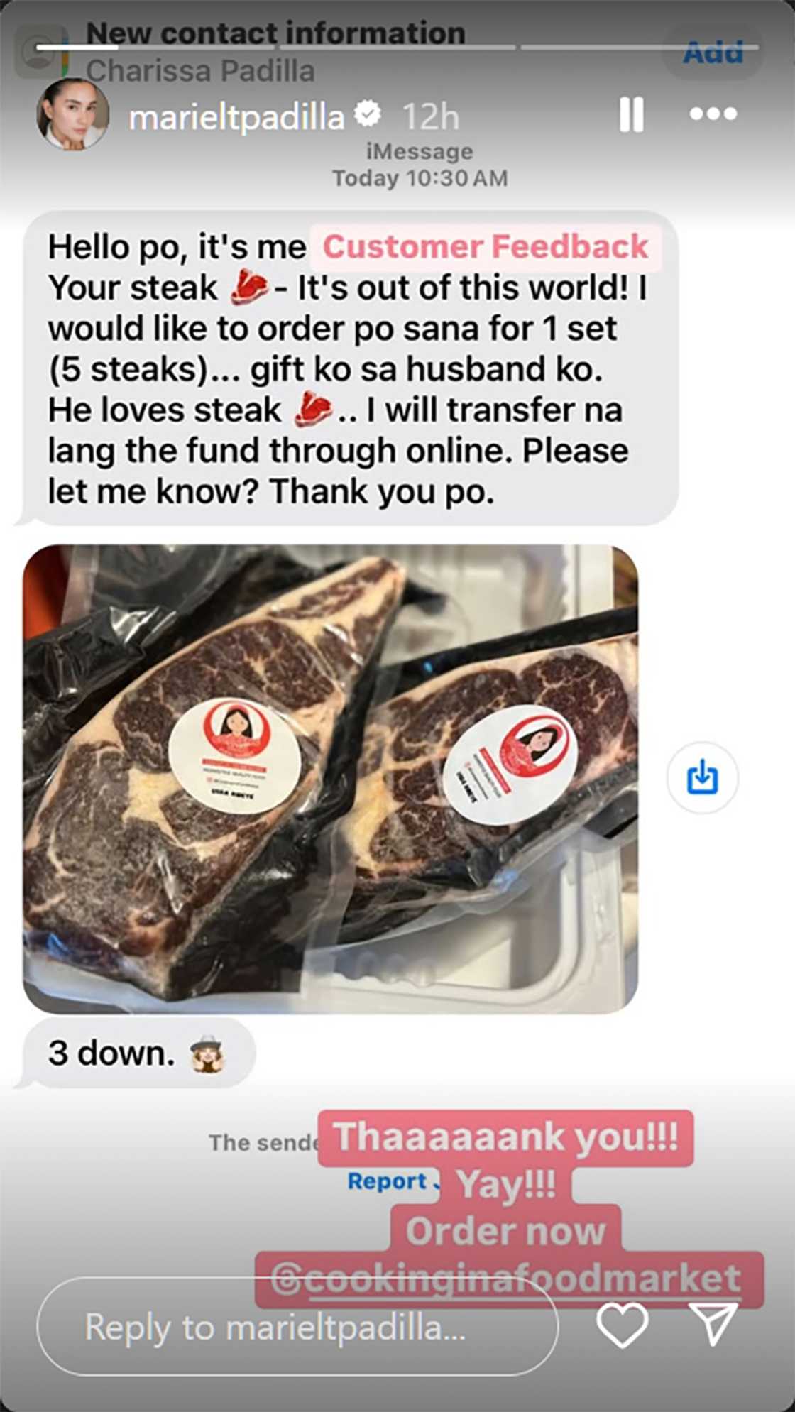 Mariel Padilla, ibinida feedback ng customer sa steaks niya