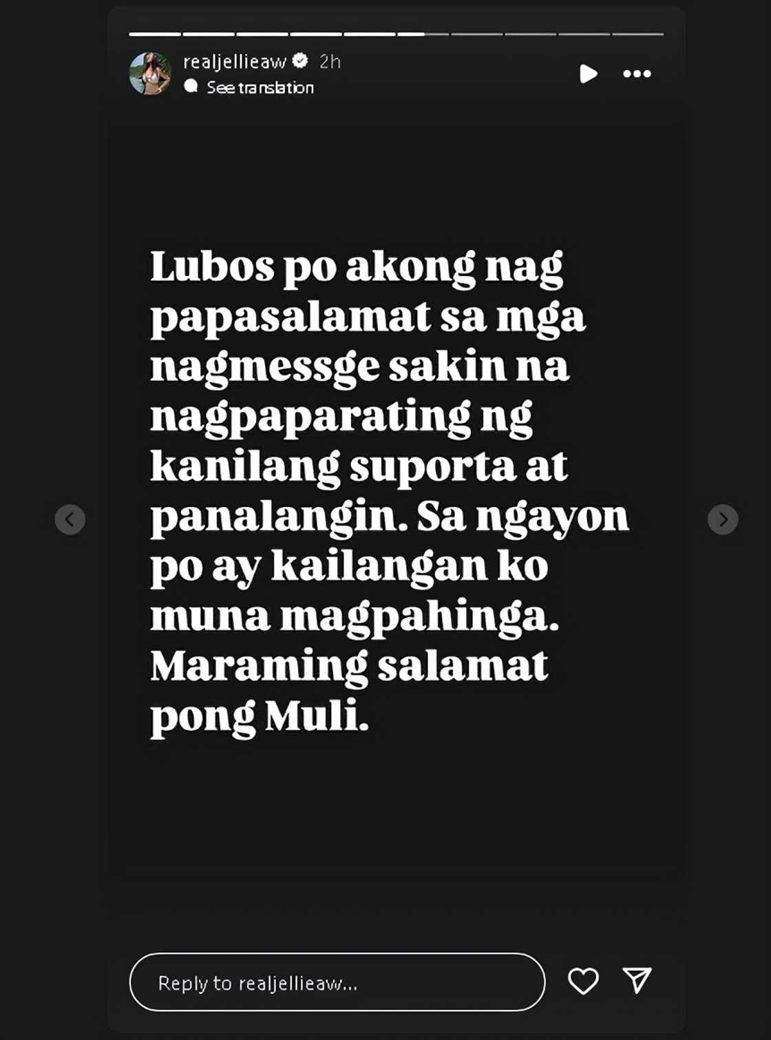 Jellie Aw, naglabas ng pahayag matapos ang dinanas: "Kailangan ko muna magpahinga" Jellie Aw, naglabas ng pahayag matapos ang dinanas: "Kailangan ko muna magpahinga"