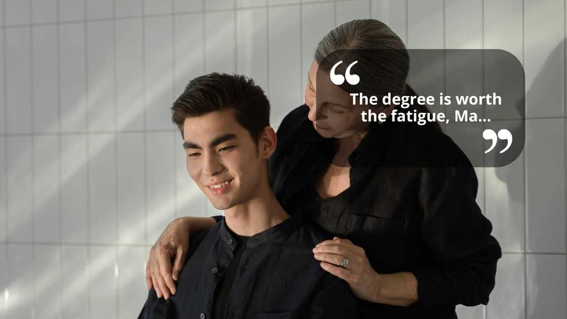 A mother and a son talking