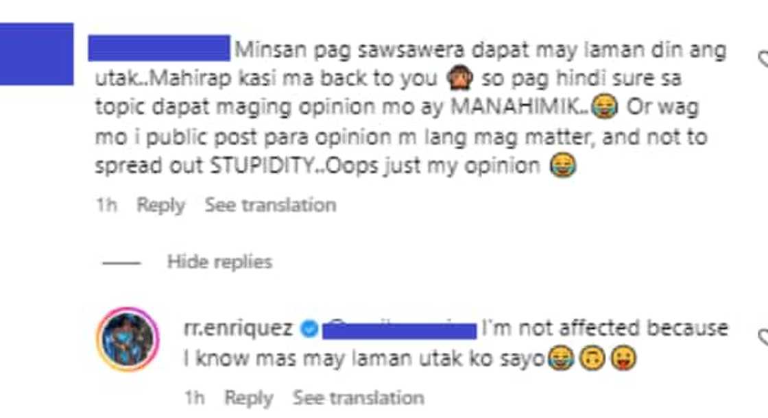 RR Enriquez, rumesbak sa sumalungat sa opinyon nya: "Mas may laman utak ko sayo"