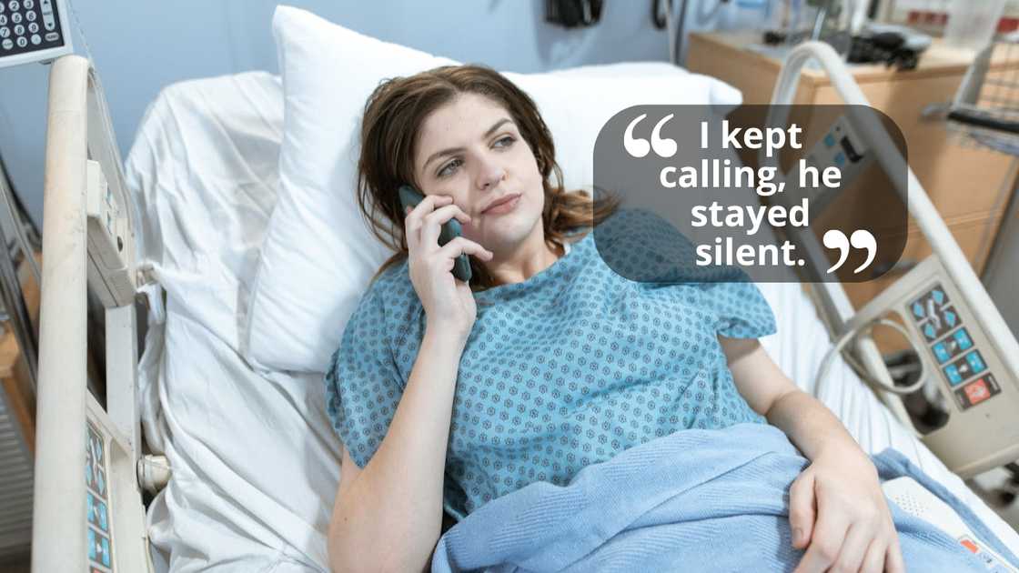 A woman in a hospital bed talking on her phone, looking worried.