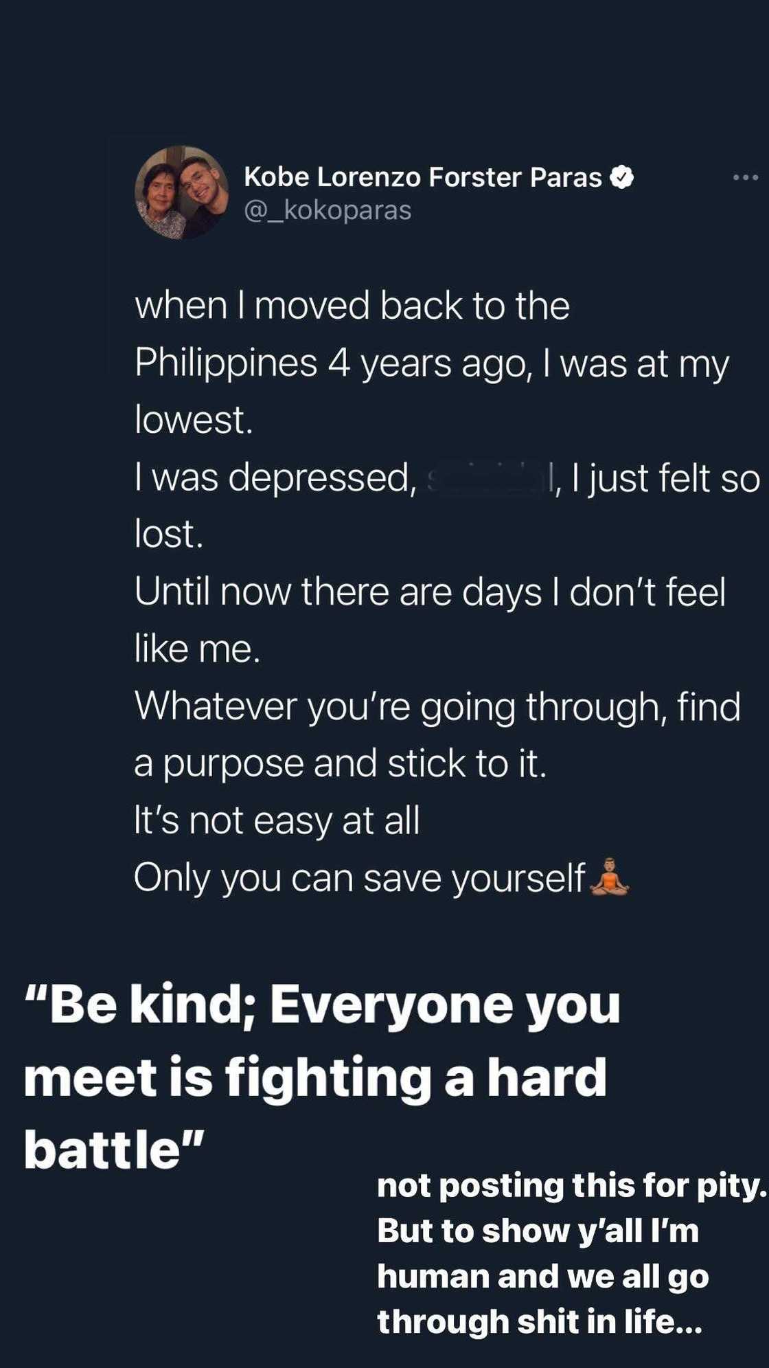 Kobe Paras, pinagkaguluhan ng netizens ang pinakahuling post: “I was depressed, I just felt so lost”