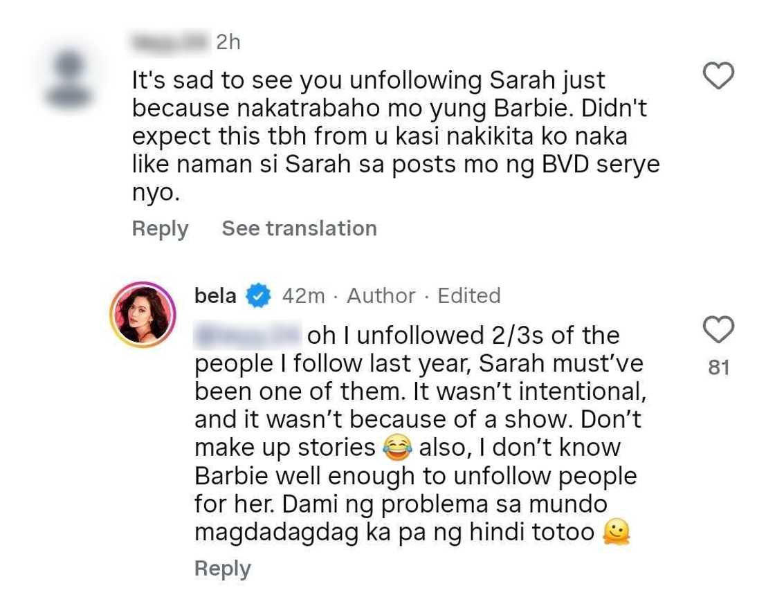 Bela Padilla, diniretso ang akusasyon ng netizen na may kinalaman kina Sarah at Barbie Bela Padilla, diniretso ang akusasyon ng netizen na may kinalaman kina Sarah at Barbie