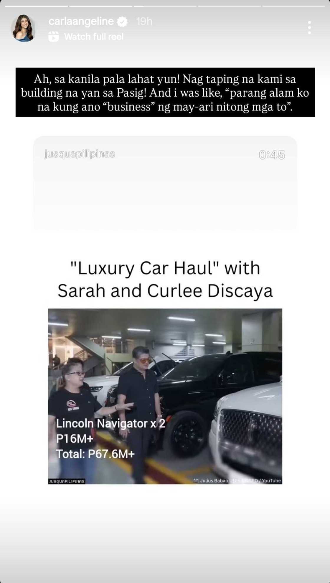 Carla Abellana reacts to Sarah and Curlee Discaya's luxury car collection: "Sa kanila pala" Carla Abellana reacts to Sarah and Curlee Discaya's luxury car collection: "Sa kanila pala"