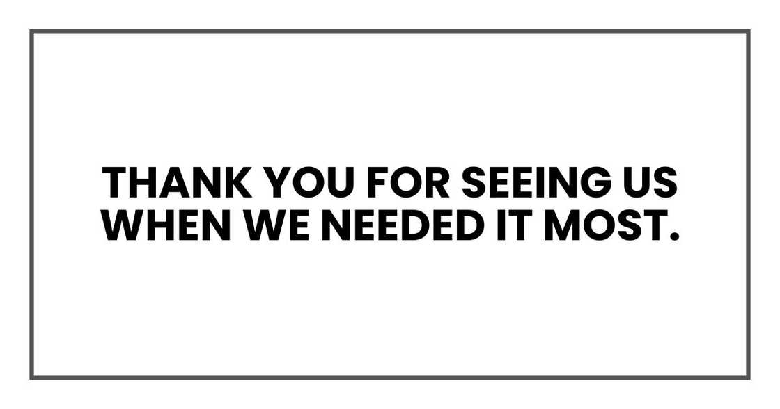 Thank you for seeing us when we needed it most. Thank you for seeing us when we needed it most.