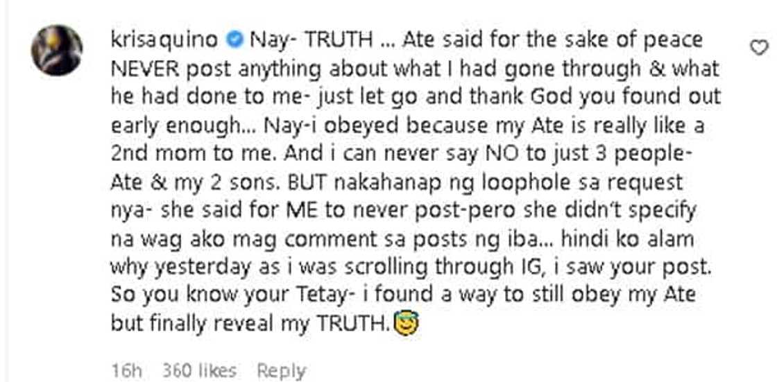 Kris Aquino, sinabihan ng ate niya huwag mag-post tungkol sa hiwalayan, pero nakahanap siya ng "loophole" Kris Aquino, sinabihan ng ate niya huwag mag-post tungkol sa hiwalayan, pero nakahanap siya ng "loophole"