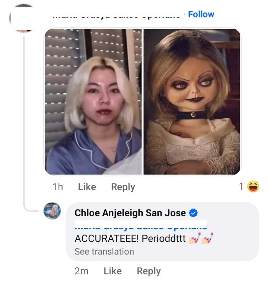 Chloe San Jose, nag-react sa bashers na kinumpara siya kay Chucky's Bride (via Fashion Pulis) Chloe San Jose, nag-react sa bashers na kinumpara siya kay Chucky's Bride (via Fashion Pulis)