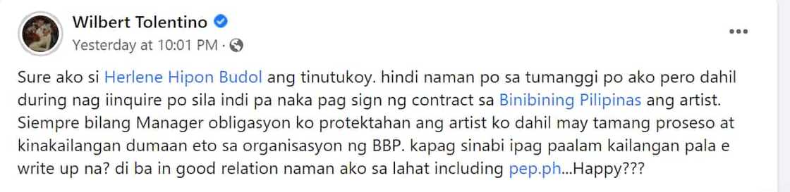 Wilbert Tolentino, pumalag sa blind item na umano'y si Herlene Budol ang tinutukoy