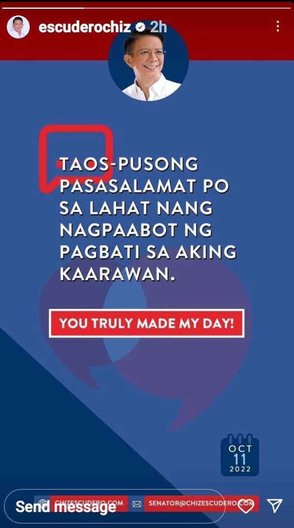 Chiz Escudero, taos-pusong nagpasalamat sa mga bumati sa kanyang birthday Chiz Escudero, taos-pusong nagpasalamat sa mga bumati sa kanyang birthday