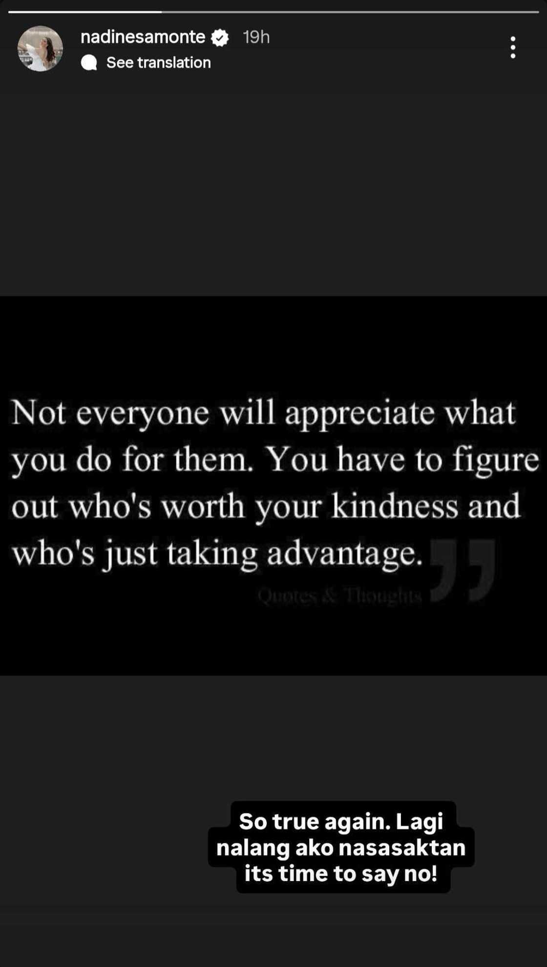 Nadine Samonte shares cryptic quote card: "Lagi na lang ako nasasaktan" Nadine Samonte shares cryptic quote card: "Lagi na lang ako nasasaktan"