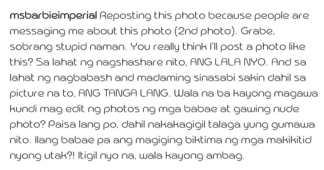Barbie Imperial sa nagpapakalat ng kanyang edited photos: "Ang lala niyo!" Barbie Imperial sa nagpapakalat ng kanyang edited photos: "Ang lala niyo!"