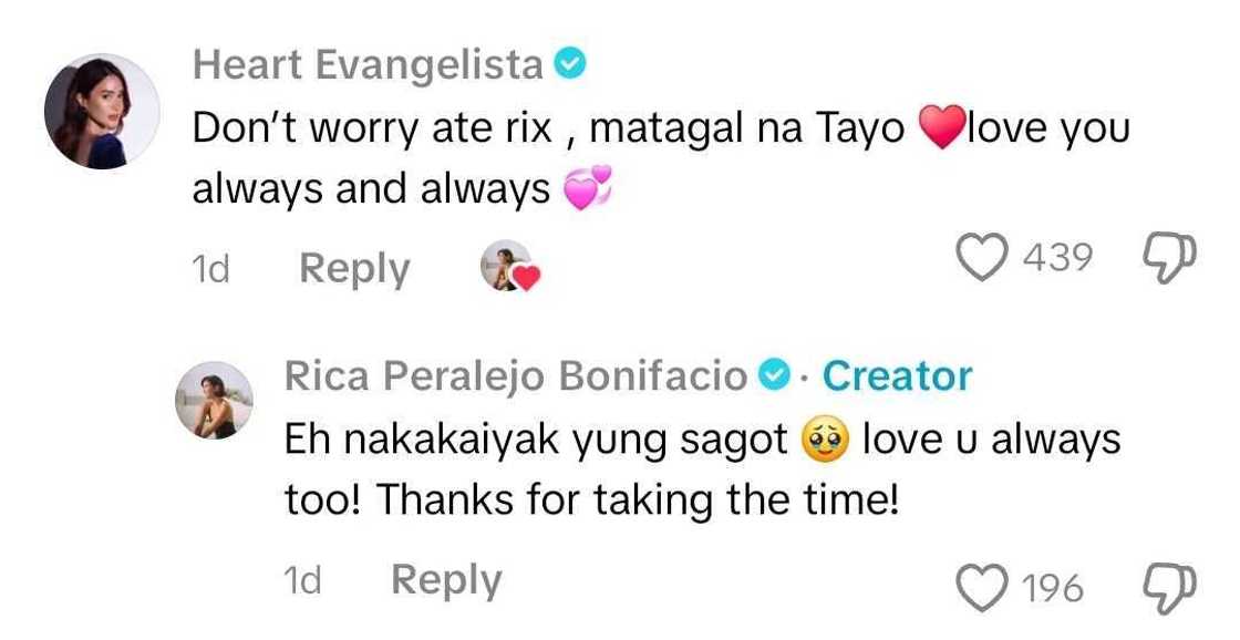 Heart Evangelista responds to Rica Peralejo's clarification online; Rica: "Nakakaiyak" Heart Evangelista responds to Rica Peralejo's clarification online; Rica: "Nakakaiyak"