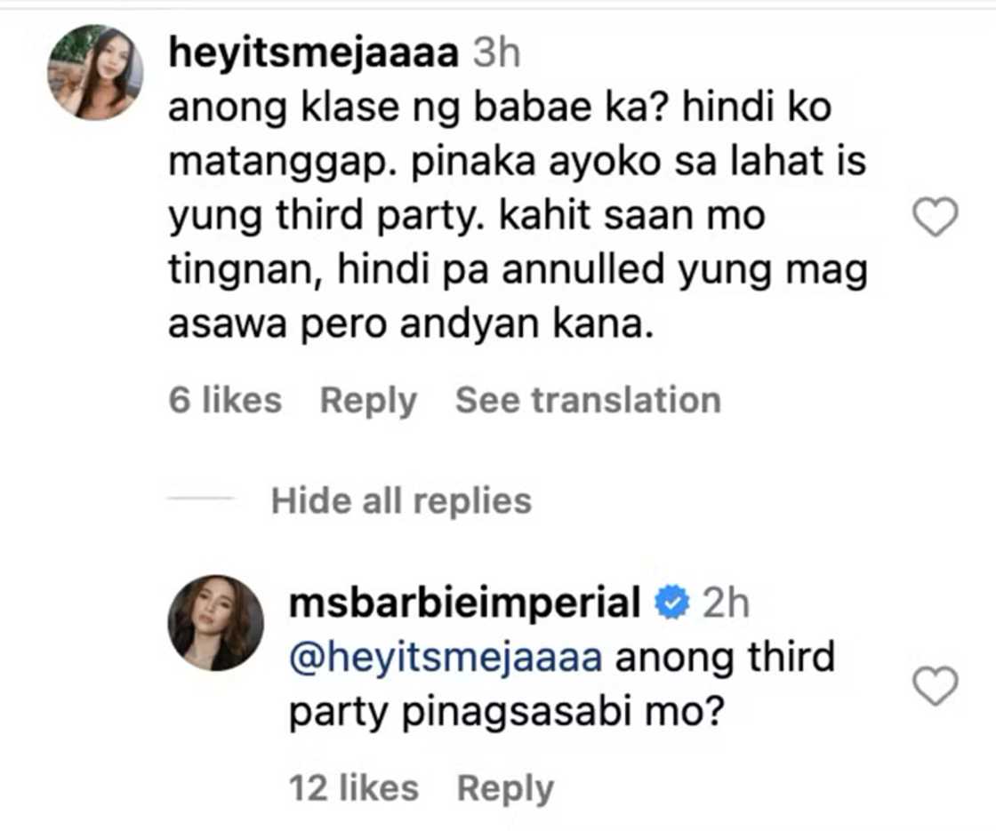 Barbie Imperial, pumalag sa 'third party' comment sa kanya