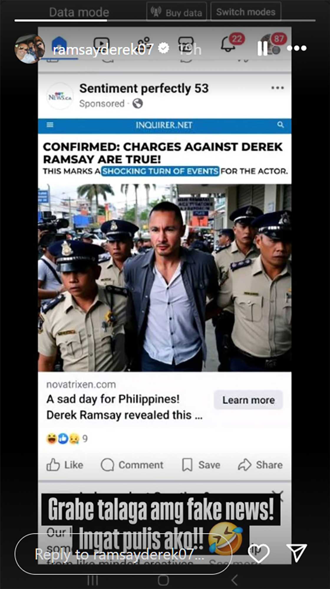 Derek Ramsay, umalma sabay tawa sa fake news ukol sa kanya