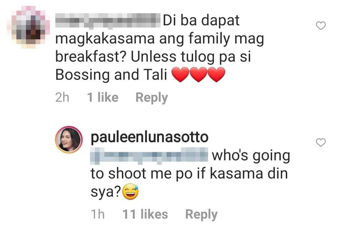 Pauleen Luna answers netizen asking why Vic and Tali were missing during breakfast Pauleen Luna answers netizen asking why Vic and Tali were missing during breakfast