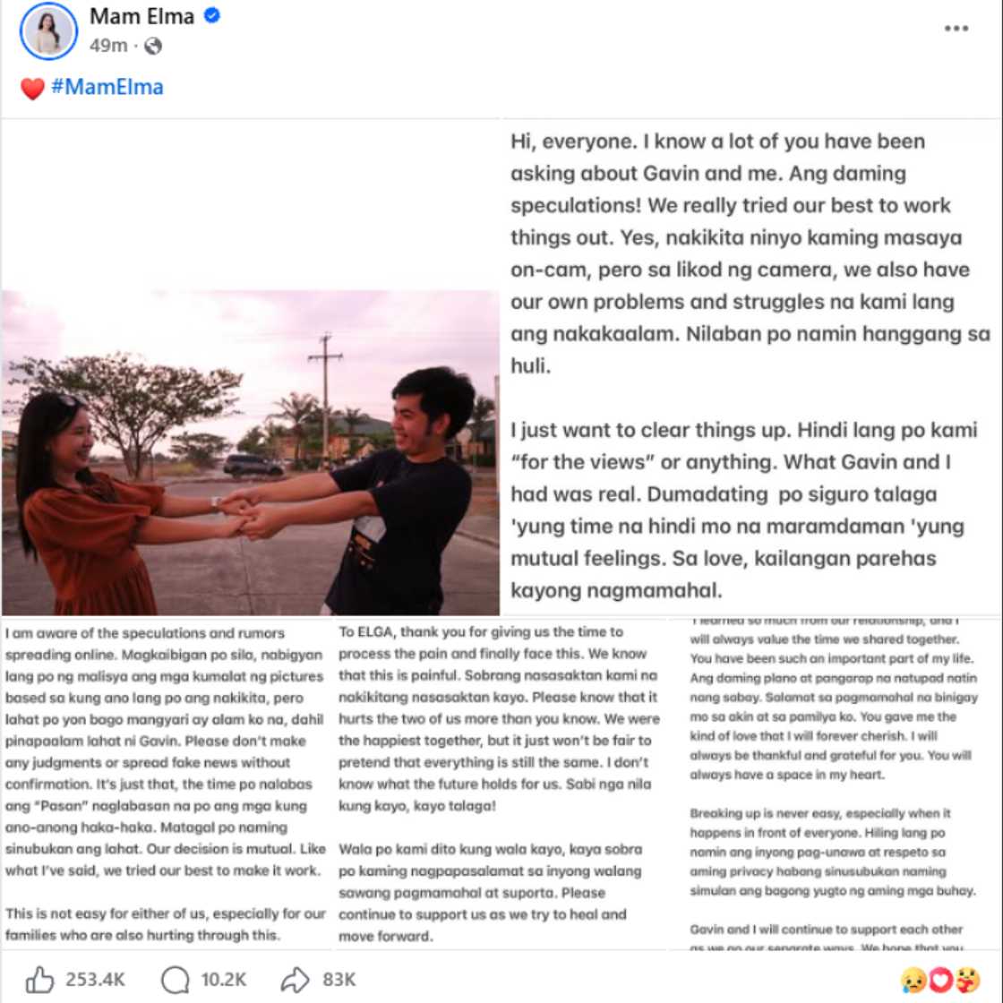 Mam Elma, naglabas ng emosyonal na pahayag sa hiwalayan kay Ser Geybin