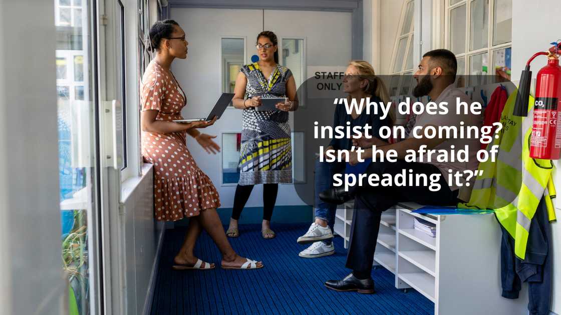 Teachers in a staffroom gossiping Teachers in a staffroom gossiping