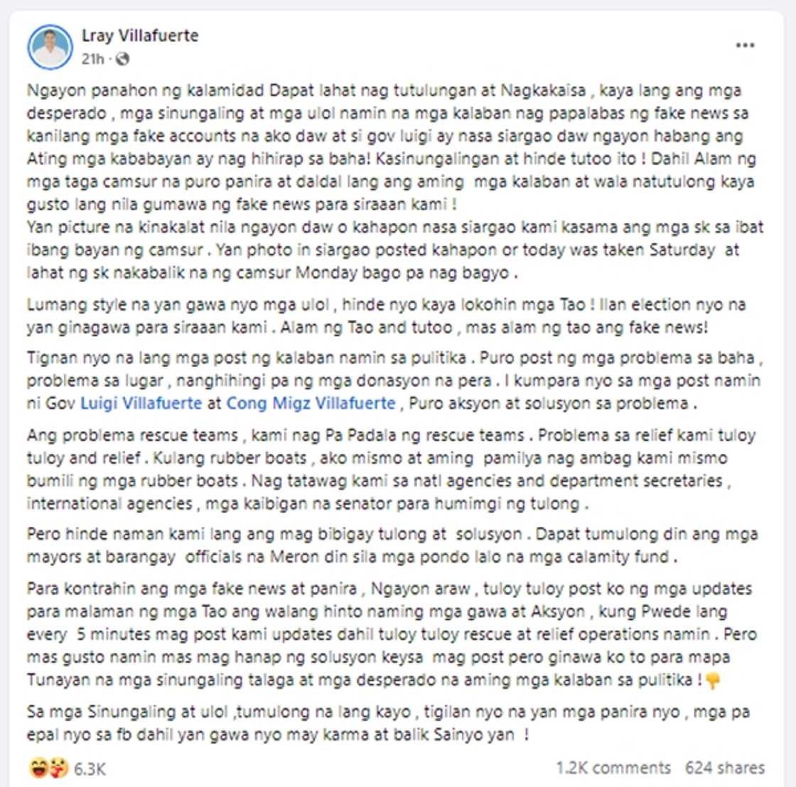 LRay Villafuerte, umalma sa mga "fake news" sa gitna ng Bagyong Kristine