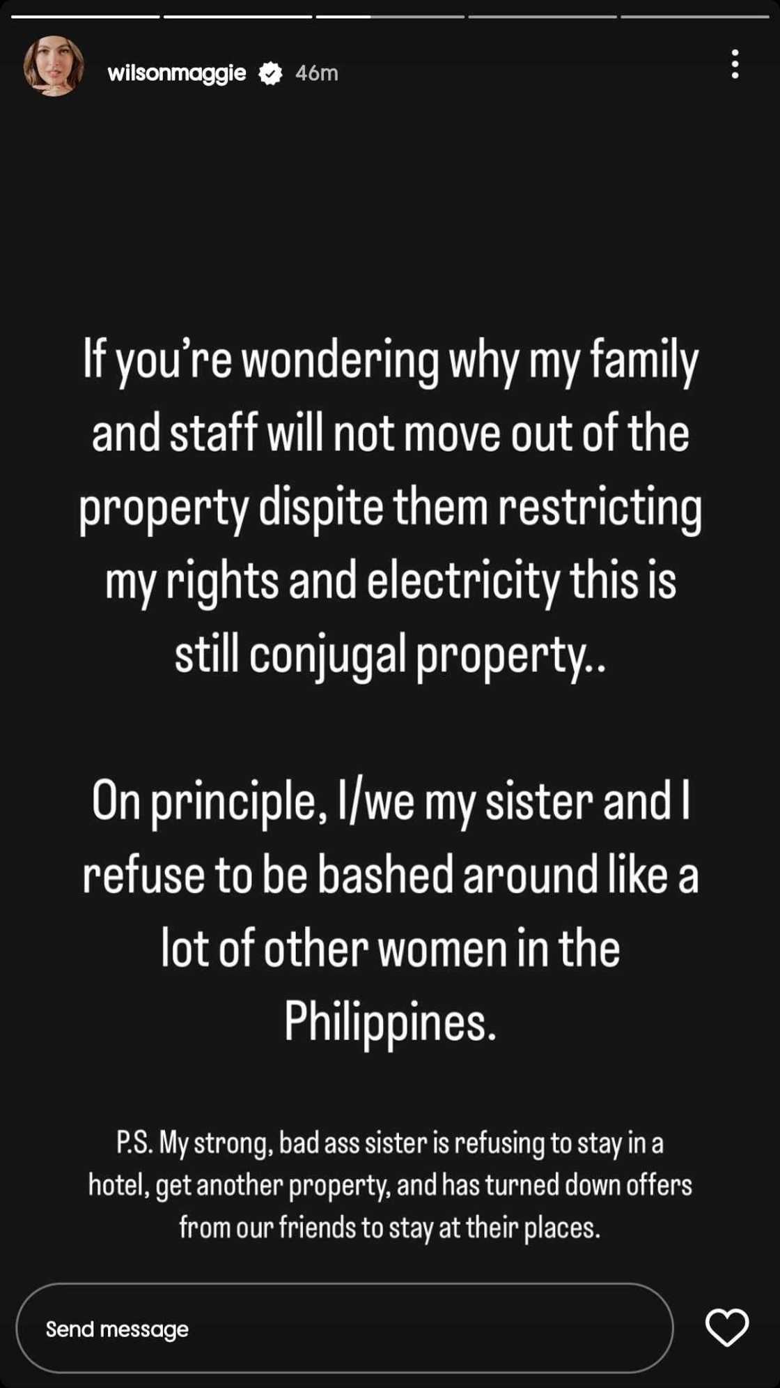 Maggie Wilson, ipinaliwanag kung bakit di sila aalis ng bahay: "Conjugal property"