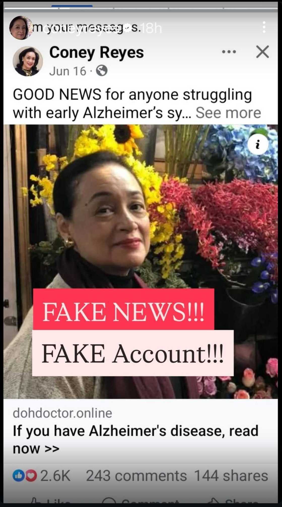 Coney Reyes warns public about fake FB account using her name featuring Alzheimer’s-related post Coney Reyes warns public about fake FB account using her name featuring Alzheimer’s-related post