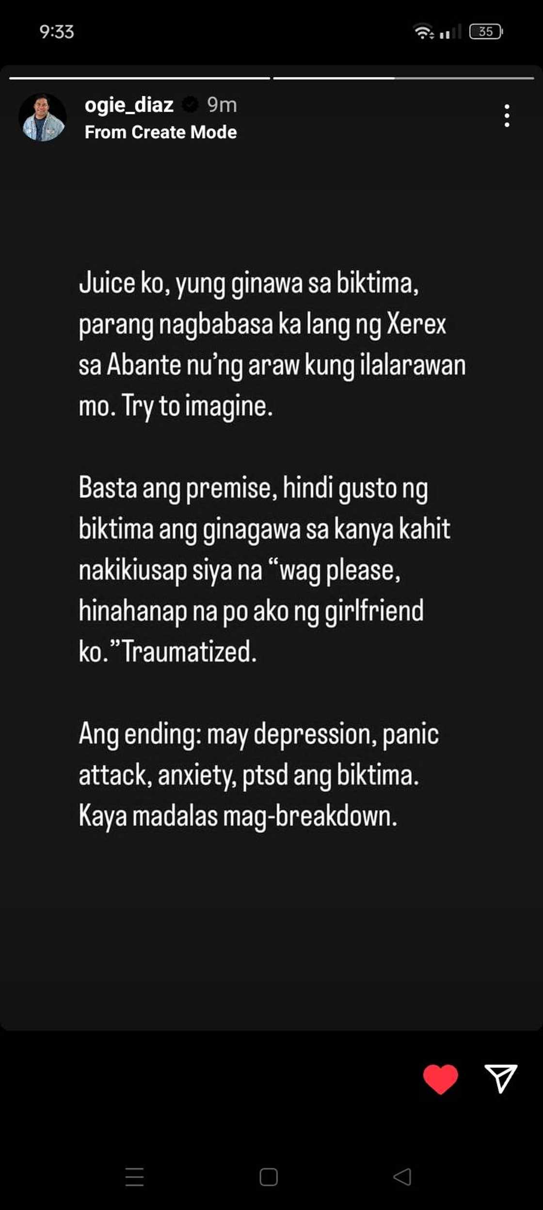 Ogie Diaz, may karagdagang post tungkol sa 'biktima' na umano ay natraumatize