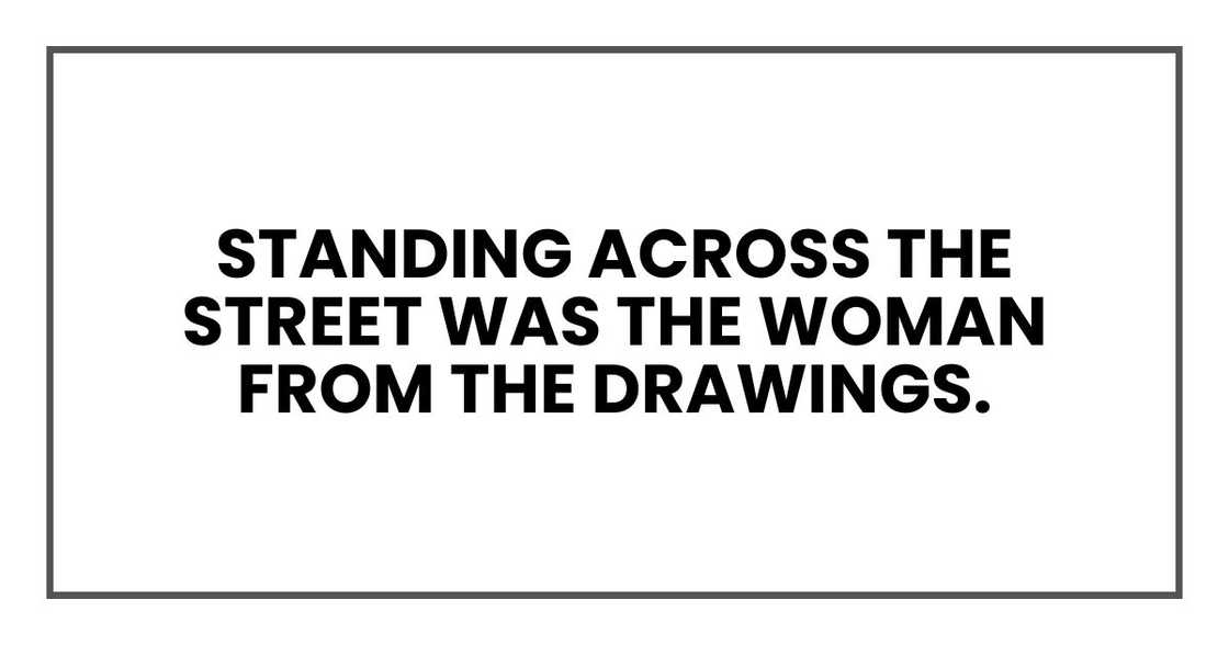 Standing across the street was the woman from the drawings. Standing across the street was the woman from the drawings.