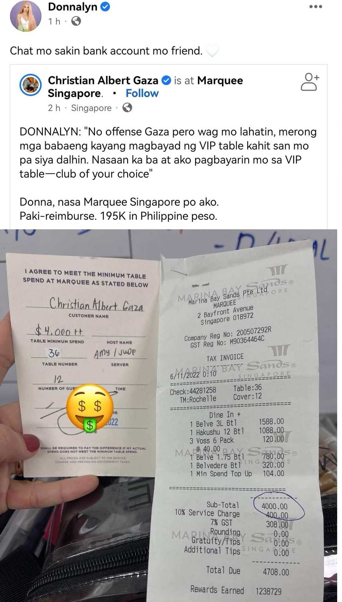 Donnalyn Bartolome, babayaran ang P195K bill ni Xian Gaza sa isang club