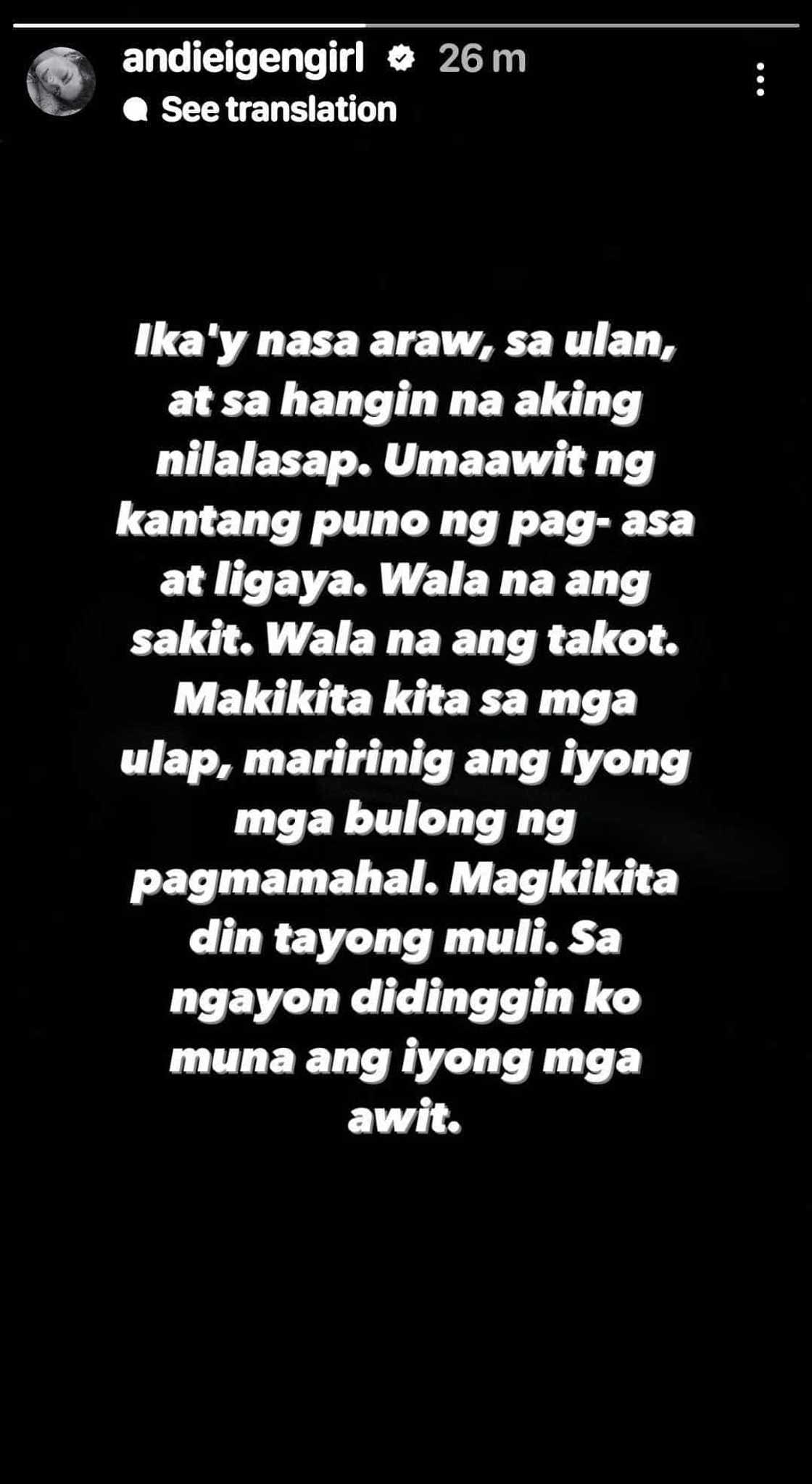 Andi Eigenmann, may nakahulugang post sa gitna ng pagluluksa: “Ika'y nasa araw, sa ulan, sa hangin” Andi Eigenmann, may nakahulugang post sa gitna ng pagluluksa: “Ika'y nasa araw, sa ulan, sa hangin”