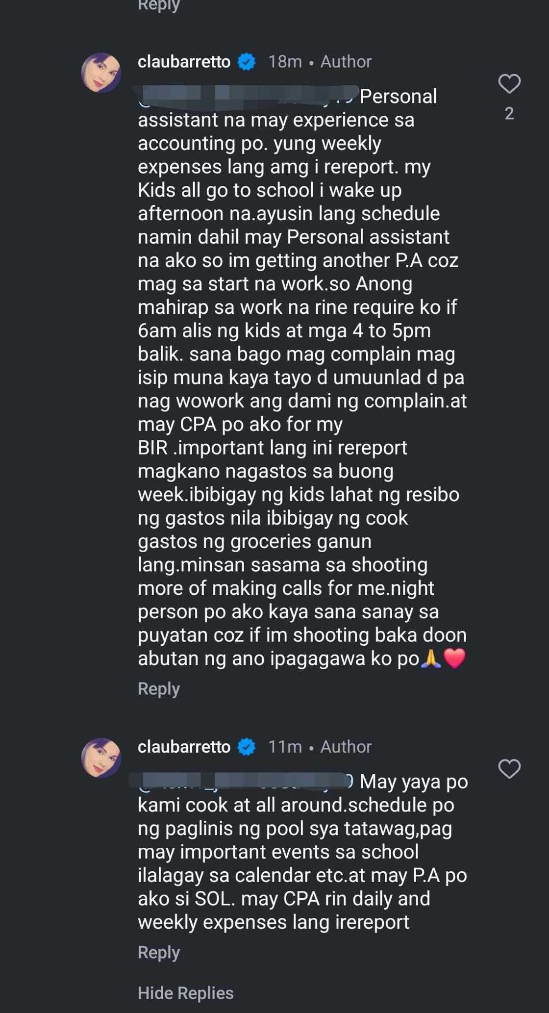 Claudine Barretto, sumagot sa mga komento kaugnay sa paghahanap ng bagong personal assistant Claudine Barretto, sumagot sa mga komento kaugnay sa paghahanap ng bagong personal assistant