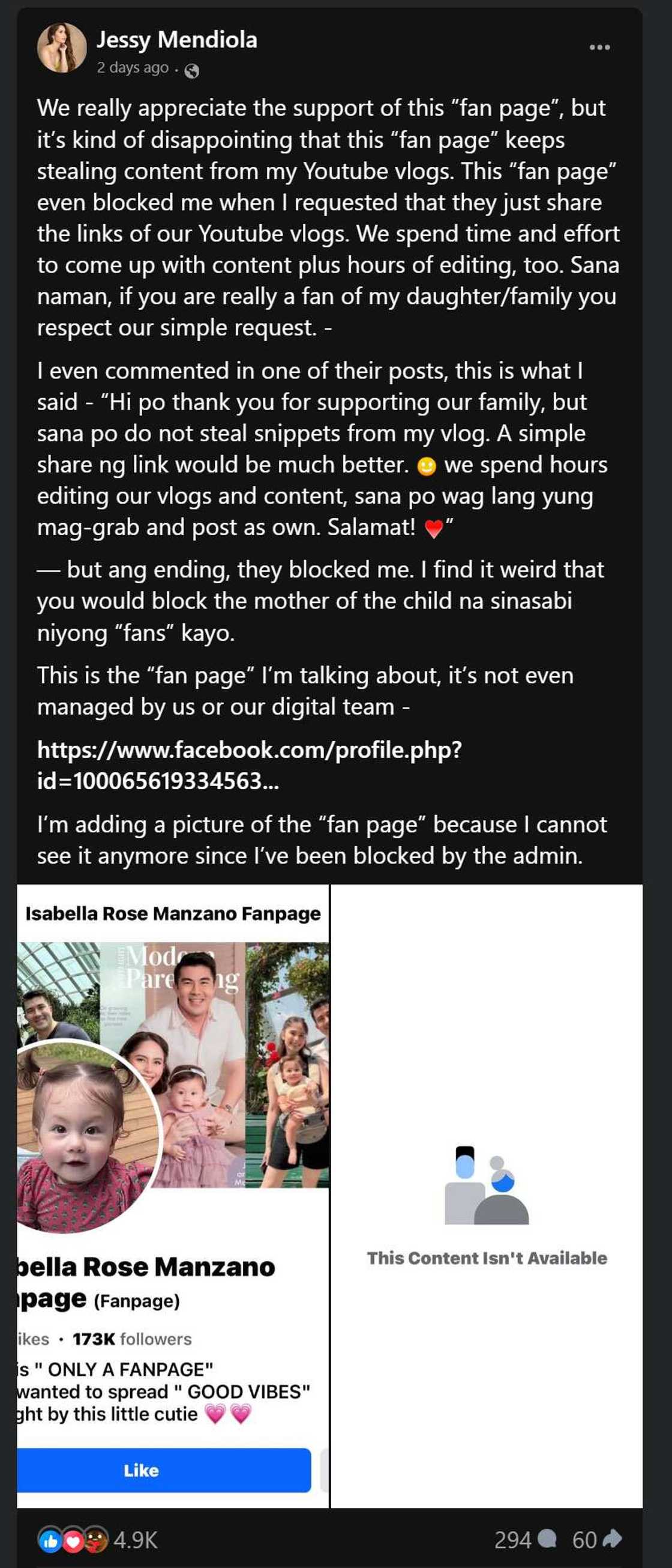Jessy Mendiola, inalmahan ang umano’y fan page ni Baby Rosie: "Do not steal snippets from my vlog" Jessy Mendiola, inalmahan ang umano’y fan page ni Baby Rosie: "Do not steal snippets from my vlog"