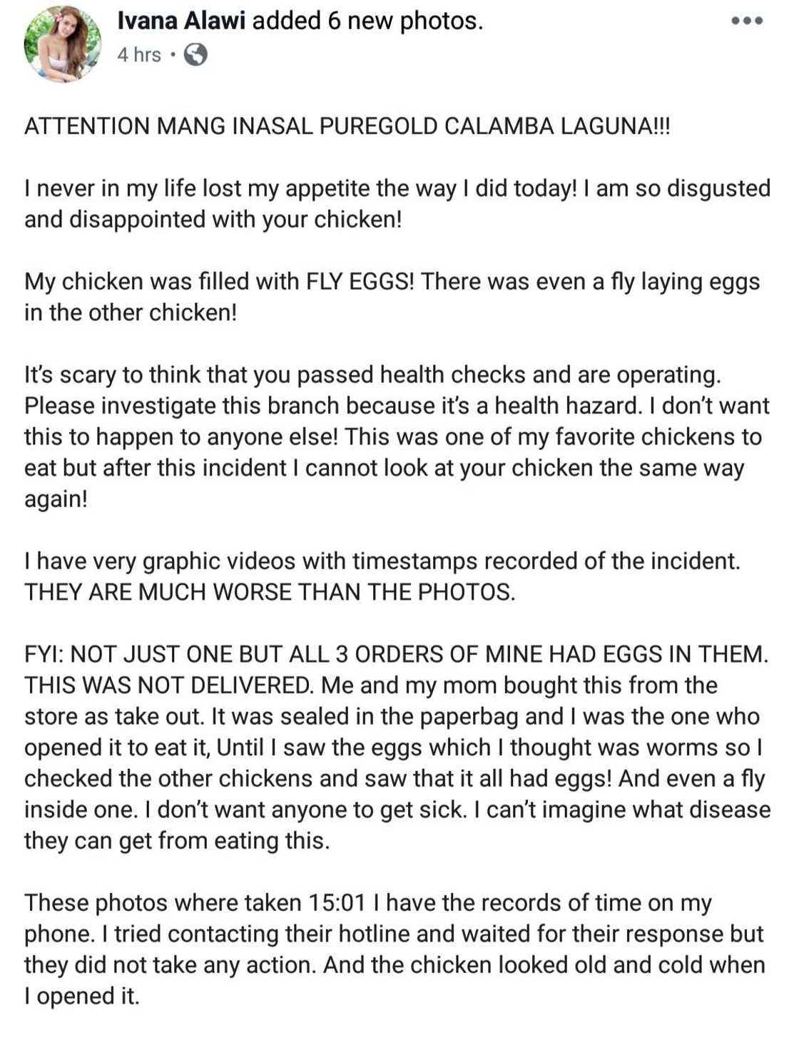 Ivana Alawi disgusted over allegedly fly-infested order from a chicken house Ivana Alawi disgusted over allegedly fly-infested order from a chicken house