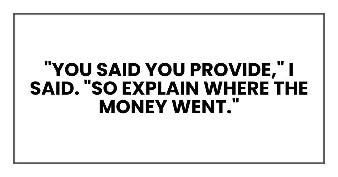 "You said you provide," I said. "So explain where the money went." "You said you provide," I said. "So explain where the money went."