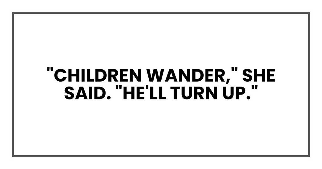 "Children wander," she said. "He'll turn up." "Children wander," she said. "He'll turn up."