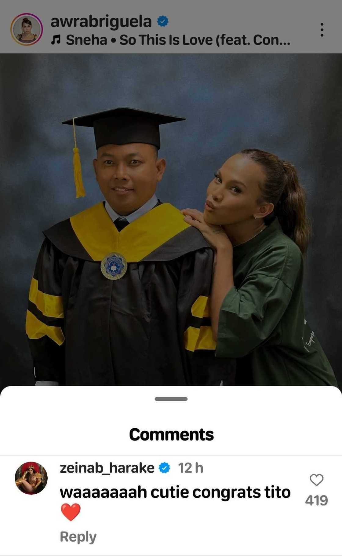 Zeinab Harake positively reacts to Awra Briguela’s post on dad Oneal Brian earning master's degree Zeinab Harake positively reacts to Awra Briguela’s post on dad Oneal Brian earning master's degree