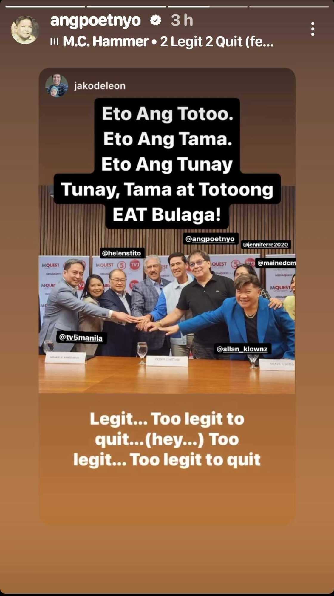 Joey de Leon, ibinahagi ang post ng anak na si Jako de Leon ukol sa initials na “EAT” Joey de Leon, ibinahagi ang post ng anak na si Jako de Leon ukol sa initials na “EAT”