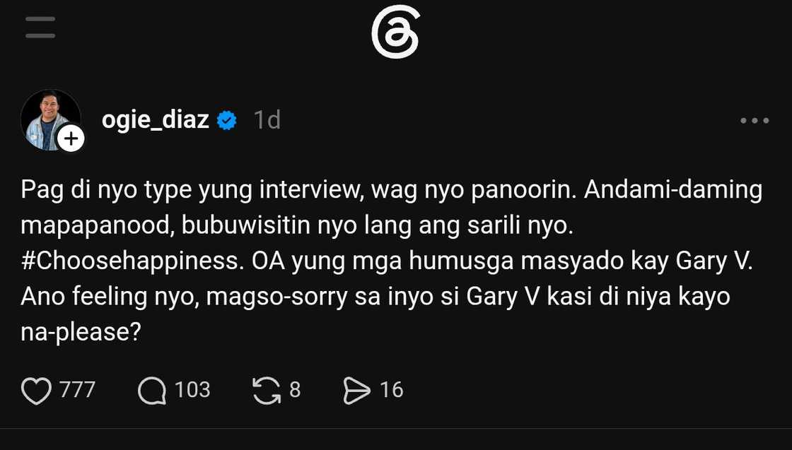Ogie Diaz, nagsalita matapos batikusin si Gary Valenciano sa interview kay PBBM