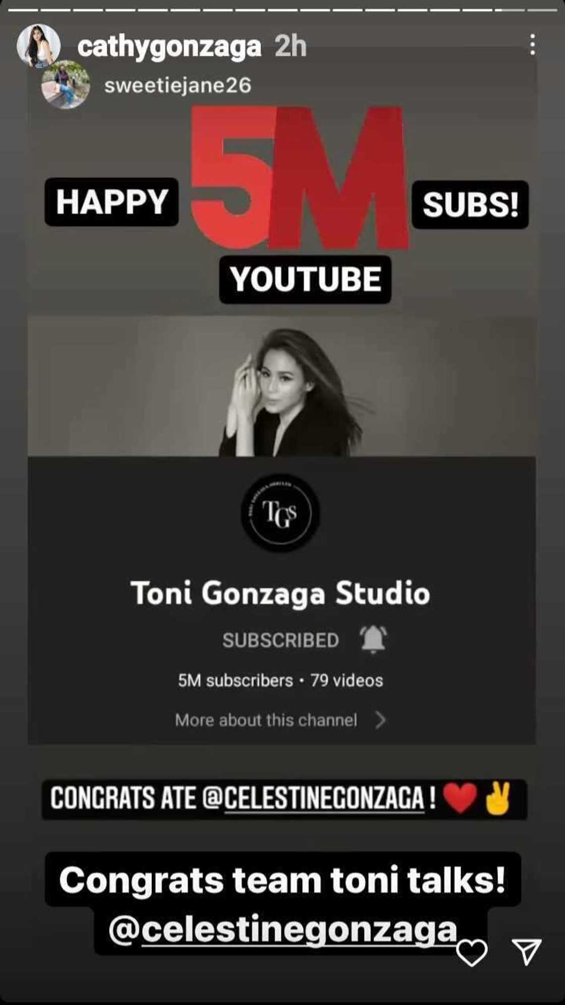 Alex Gonzaga congratulates Toni Gonzaga, Toni Talks team for reaching 5M YT subscribers Alex Gonzaga congratulates Toni Gonzaga, Toni Talks team for reaching 5M YT subscribers