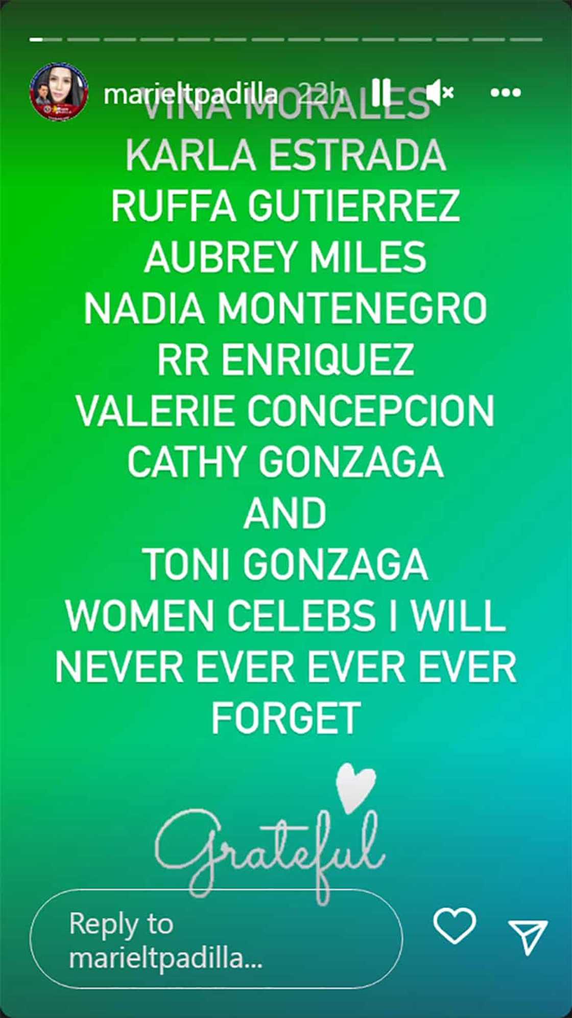 Mariel Padilla, pinost “List of Women Celebrities She Won't Ever Forget”; Bianca Gonzalez, di kasali sa lista Mariel Padilla, pinost “List of Women Celebrities She Won't Ever Forget”; Bianca Gonzalez, di kasali sa lista