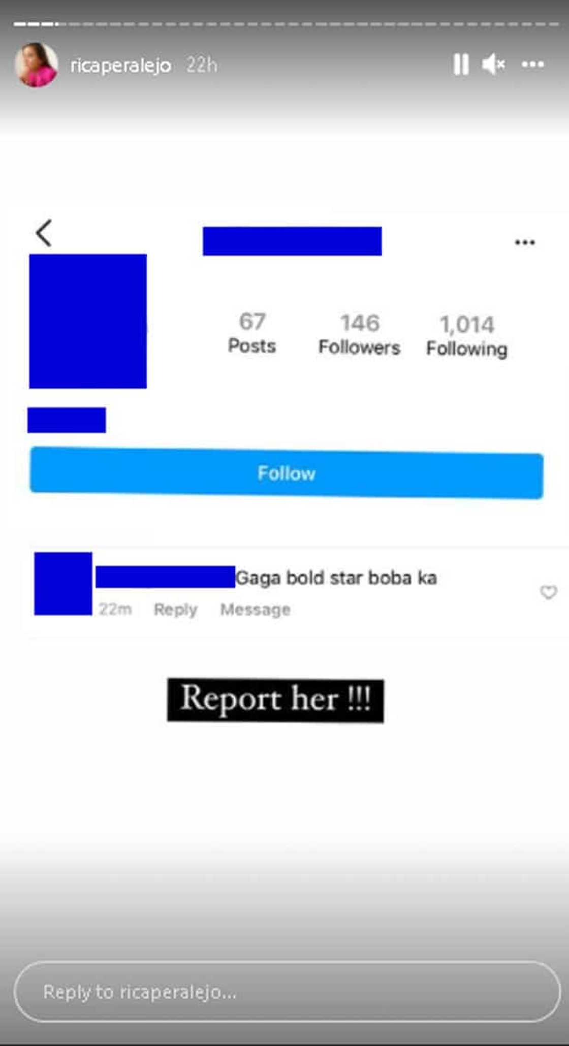 Rica Peralejo, tinukoy ang isang troll account na nang-iinsulto sa kanya: "Report her" Rica Peralejo, tinukoy ang isang troll account na nang-iinsulto sa kanya: "Report her"