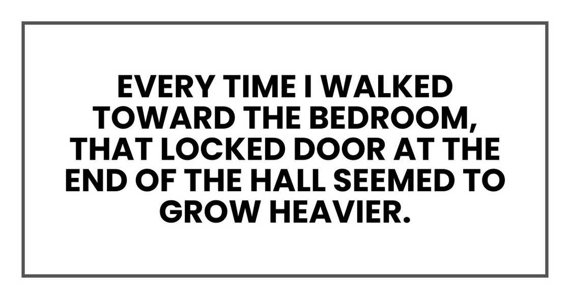 Every time I walked toward the bedroom, that locked door at the end of the hall seemed to grow heavier. Every time I walked toward the bedroom, that locked door at the end of the hall seemed to grow heavier.