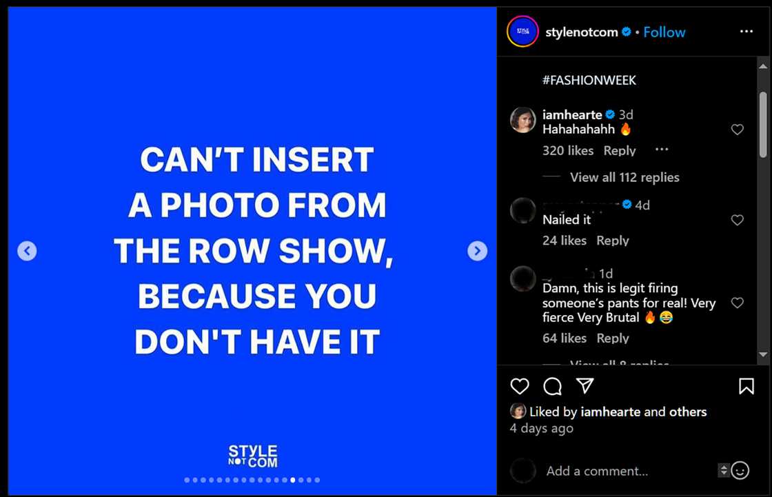 Heart Evangelista, nag-react sa post ni Style Not Com ukol sa di nakaupo sa fashion show front row