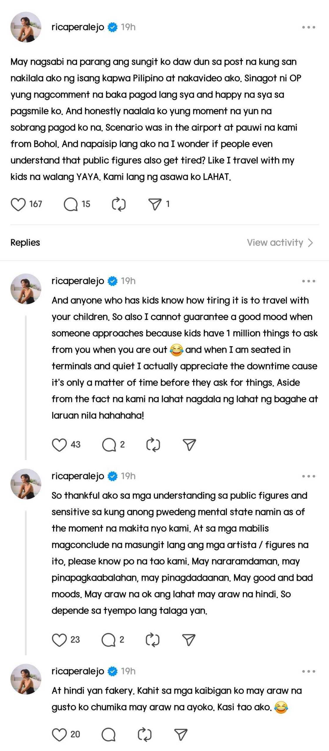 Rica Peralejo addresses 'sungit' comments from netizens: "Please know po na tao kami" Rica Peralejo addresses 'sungit' comments from netizens: "Please know po na tao kami"
